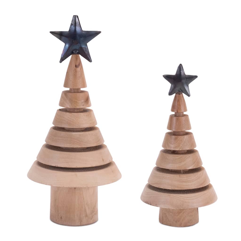 Set of 2 Wood Trees with Metal Star Accent for Winter Display - 4.5” x 4.5” x 9.75”
