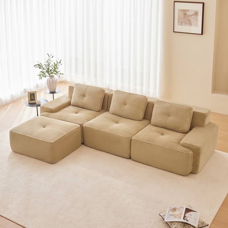 Roomfitters No Assembly Modular Sofa, 117 Inch Corduroy 3-Seater with Piping, Camel