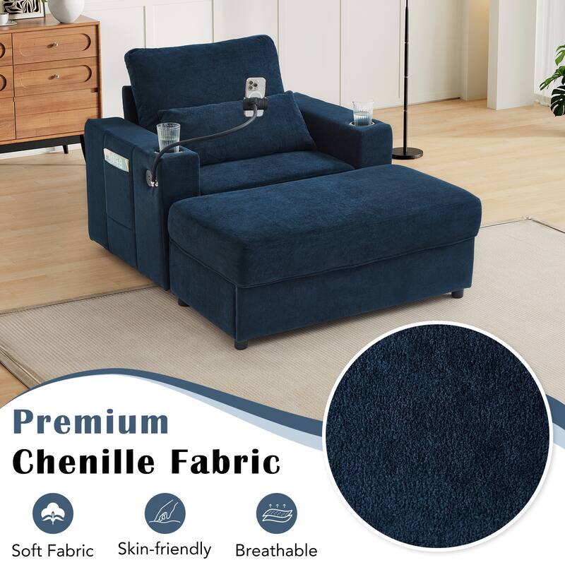 Chaise Lounge Sofa Couch with a Movable Storage Ottoman, Two USB Ports, Two Cup Holders, a Phone Holder，Side Pockets