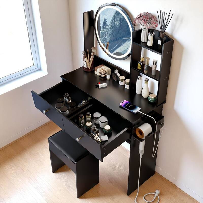 Modern Vanity Set with Touch LED Mirror, Built-in 2 AC Outlets, USB & Type-C Charging, Stool Included, Makeup Storage Desk