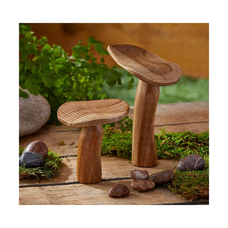 Wood Mushroom Decor - Small Garden Sculpture, Natural Decorative Object for Summer, 4"L x 3.75"W x 5"H, Easy Care