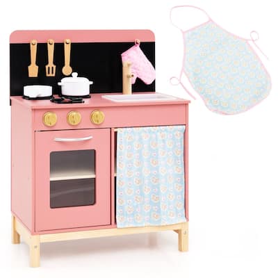 Pink Solid Wood Kids Kitchen Playset with Accessories and Storage - 21" × 11.5" × 29"