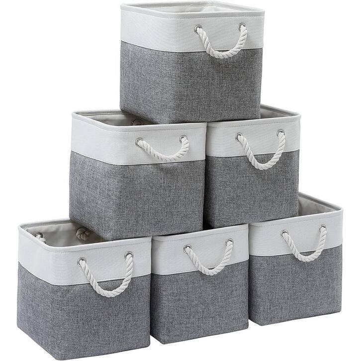 6 Pack Large Collapsible Fabric Storage Bin - White & Grey-11"x11"x11"