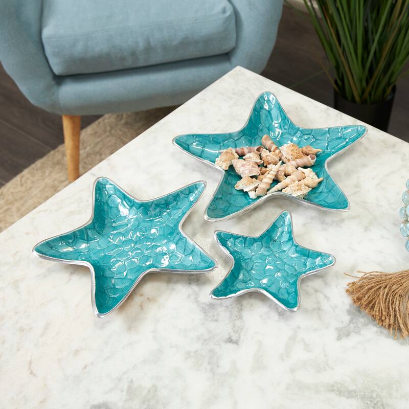 White or Teal Aluminum Metal Handmade Textured Enameled Starfish Decorative Bowl with Silver Base (Set of 3) - Teal