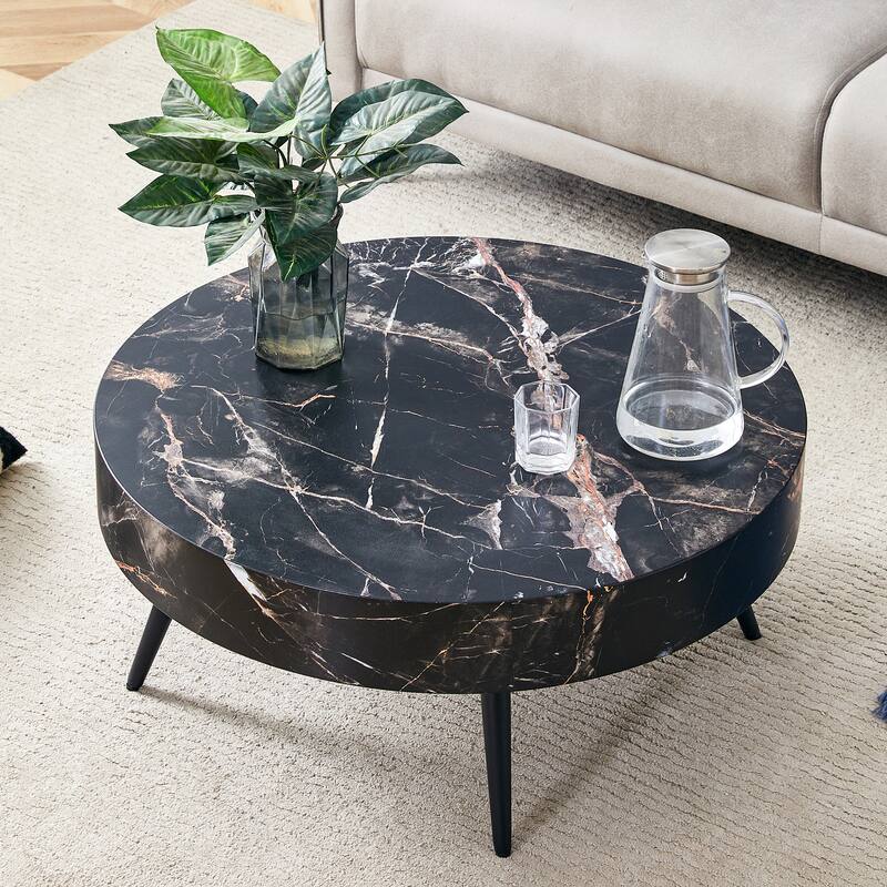 31.5 Inch Round Coffee Table with Adjustable Legs Small End Table with Marble Sticker Top Home Center Table