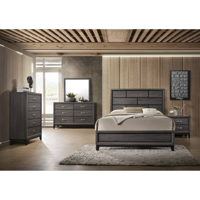 Contemporary Queen Panel Bed with Box Design Headboard, Rubberwood Frame, and Modern Transitional Style