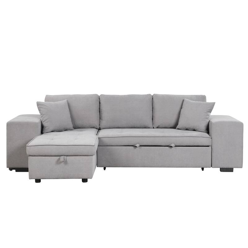 Modern L Shaped Sleeper Sofa with Pull Out Bed and Chaise Storage and Extra Stools for Apartments or Guest Rooms