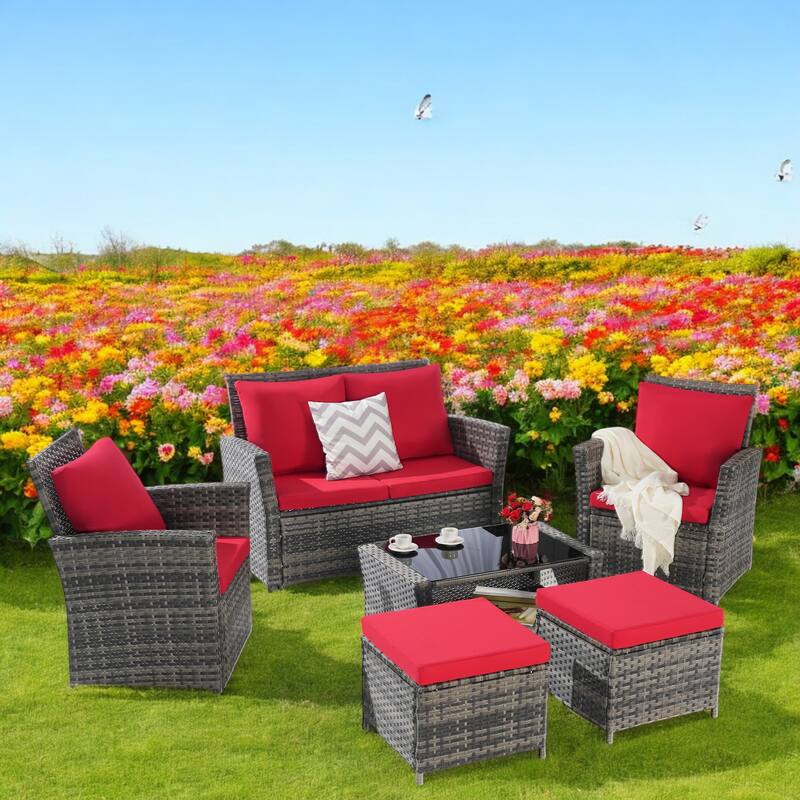 6-Piece Wicker Patio Furniture Set with Cushions & Coffee Table & Ottomans, Sofa for Outdoor Garden, Patio, or Balcony