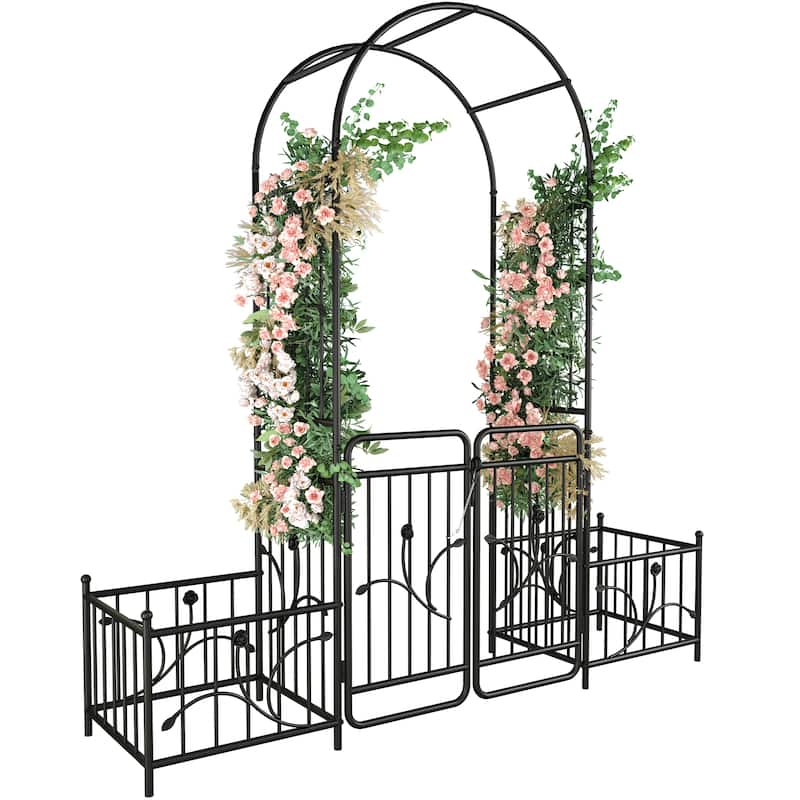 87" Metal Garden Arbor Arch with Gate and Plant Box - 80"L x 20"W x 87"H - Black