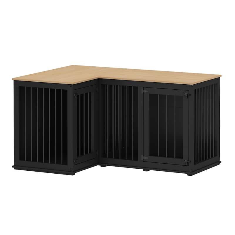 Large Corner Dog Crate Furniture for 2 Dogs, L Shape Dog Crate Cage - 58.7"X41.1"
