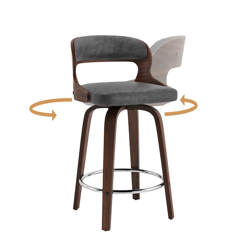 26.in Modern Set of 4 Leather Bar Stool Swivel Upholstered Hollow Back Counter Height Barstool with Wood Frame