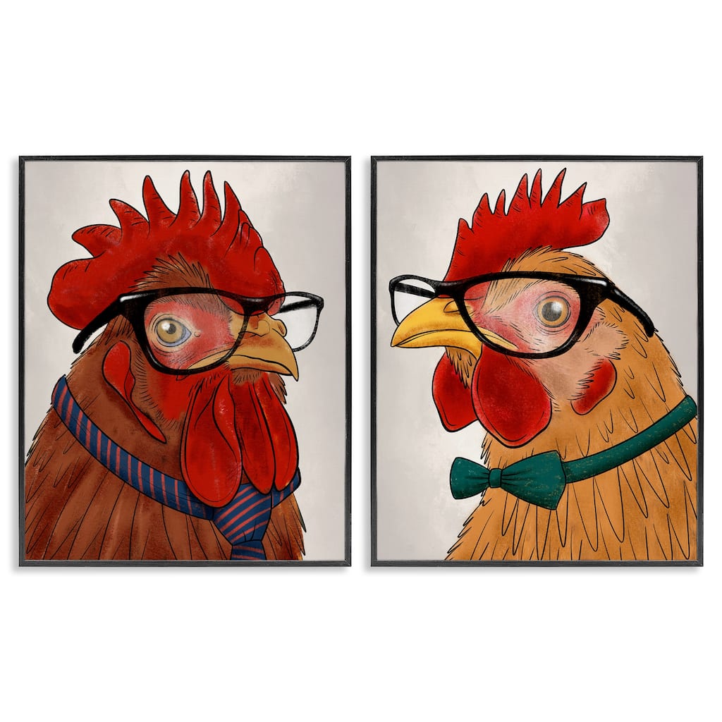 Stupell Quirky Hipster Roosters Framed Giclee Art Design By Marcus Prime (Set of 2)