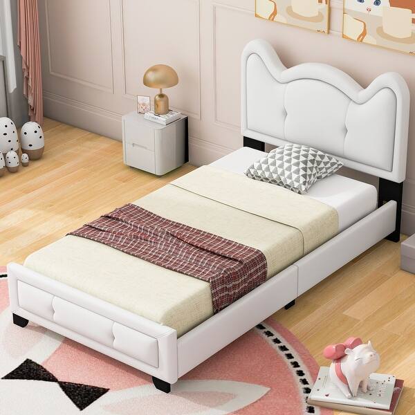 slide 2 of 7, White Cute Pine Wood Upholstered Platform Bed, Cartoon Ears Headboard, Sturdy Construction Twin - White