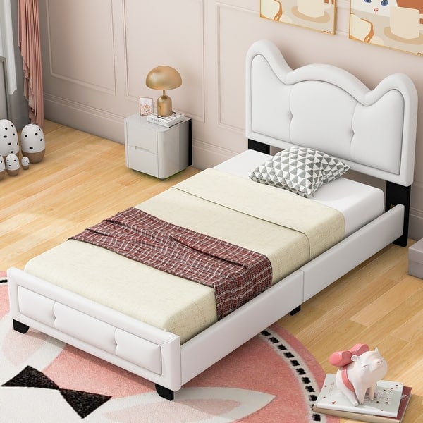 slide 2 of 7, White Twin Size Cute Pine Wood Upholstered Platform Bed Twin - White