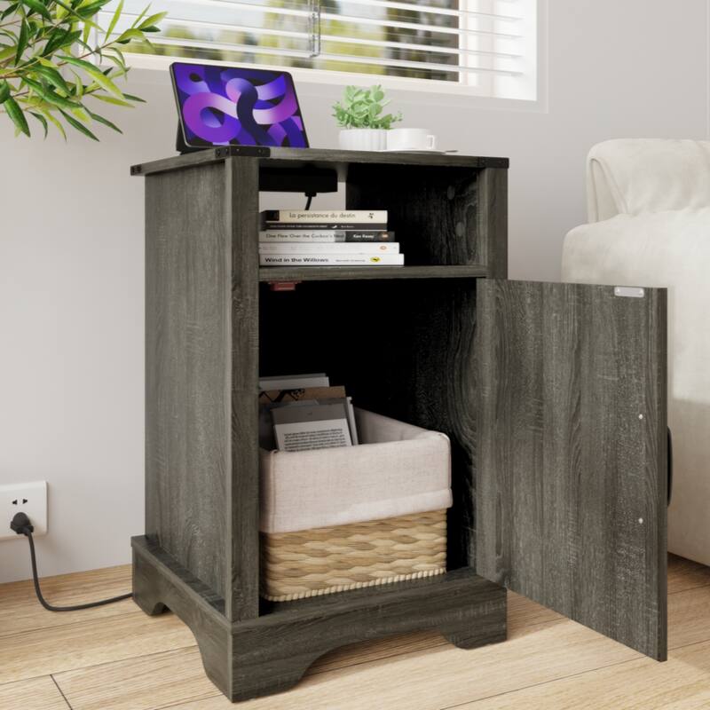 Farmhouse Nightstand Side Table, Wooden Rustic End Table,Tall Bedside Table with Electrical Outlets Charging Station - Dark Gray - DARK GREY