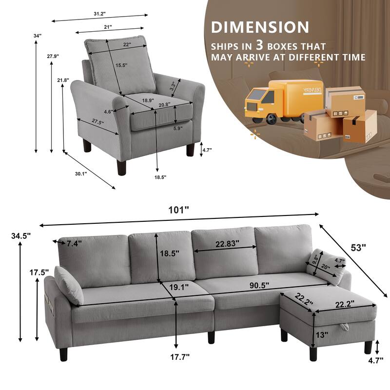101"Corduroy 3 Piece Living Room Set Including 4 Seater Sofa ,Storage Ottoman and Chair