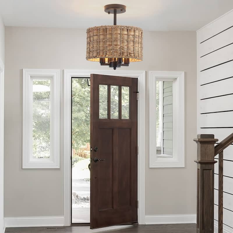 4-Light Classic Candlestick Hanging Semi Flush Mount Ceiling Lighting Chandelier with Rattan Shade for Dining Room