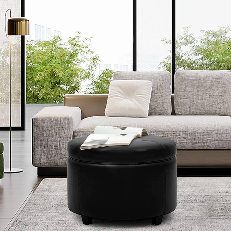 Round Leatherette Storage Ottoman with Lid for Living Room, Black