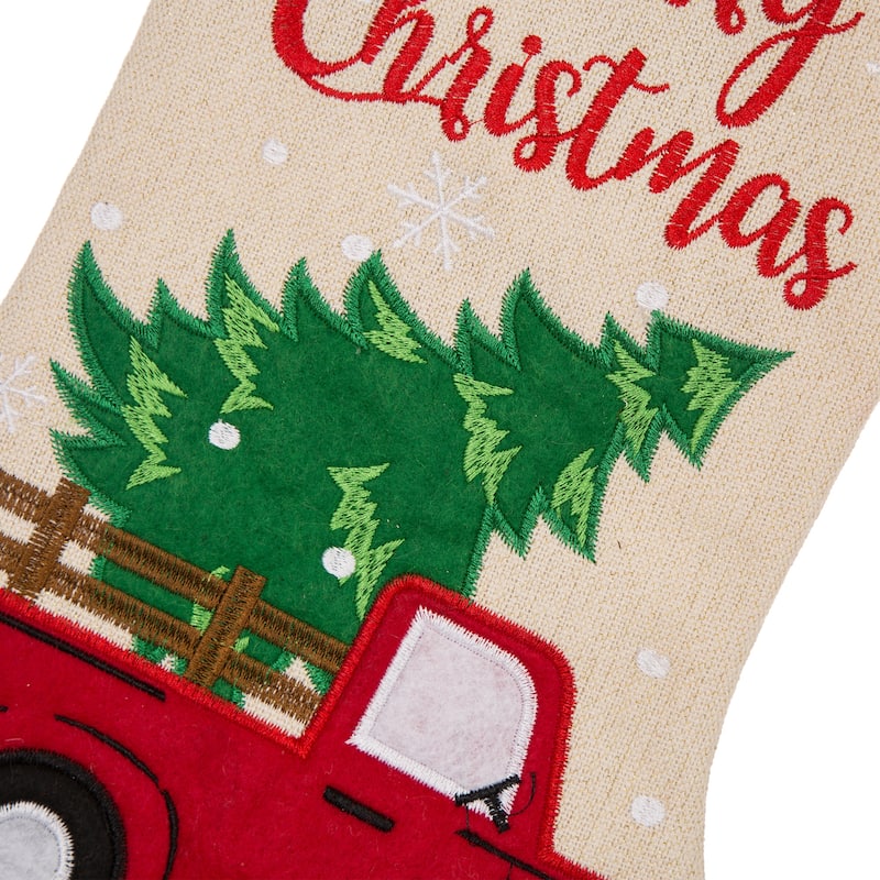 Glitzhome 21"L Embroidered Linen Red Truck Dachshund Christmas Stocking