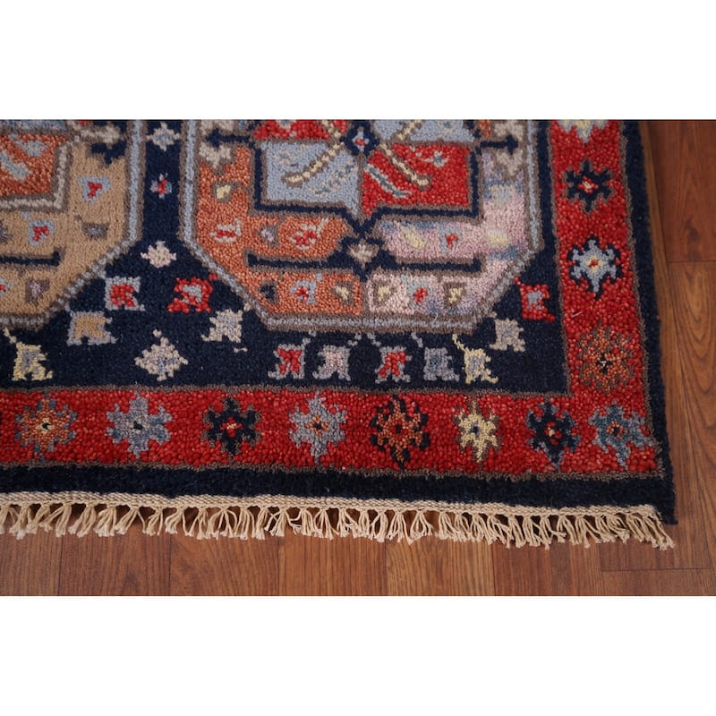 Geometric Navy Blue Khotan Indian Rug Hand-Knotted Wool Carpet - 4'0"x 6'1"