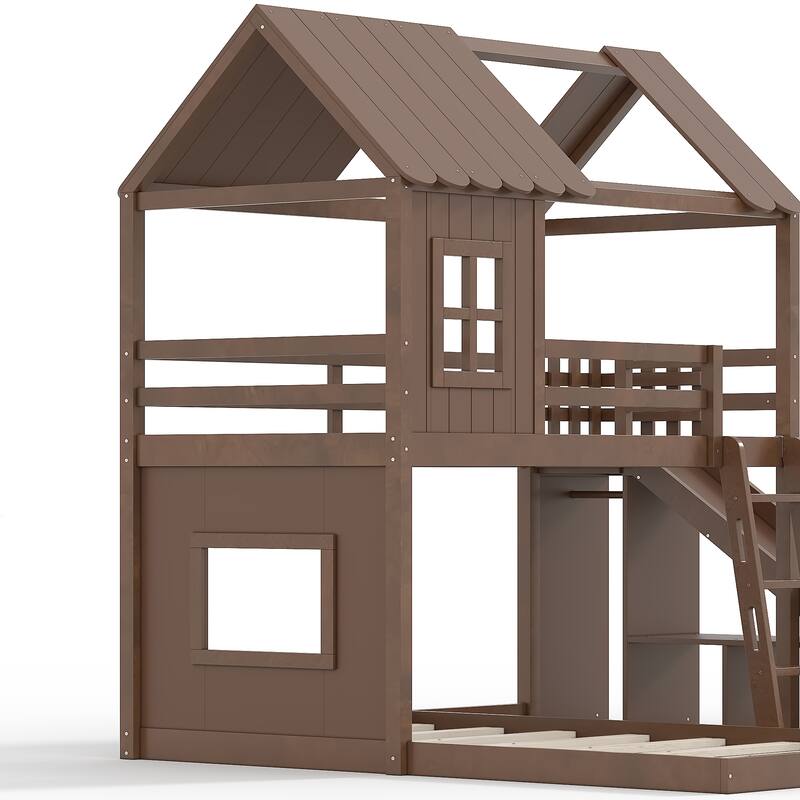 Twin over Full House Bunk Bed with Ladders and Slides, House Floor Bunk Bed with Storage Shelves and Wardrobe
