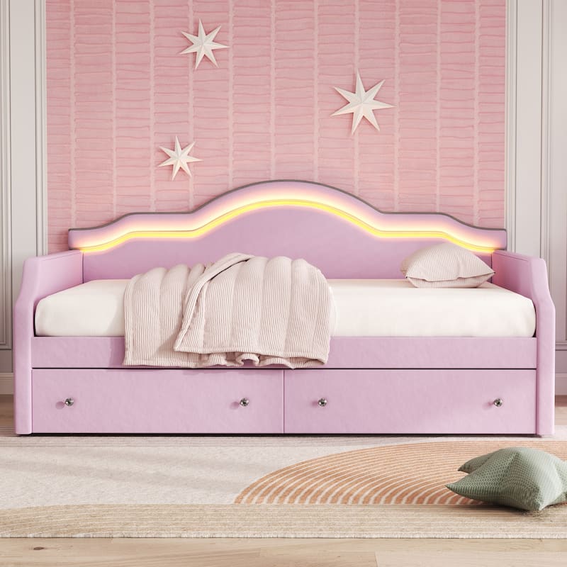 Full Size Upholstered Daybed with LED Lights and 2 Storage Drawers - Modern Fabric Sofa Bed
