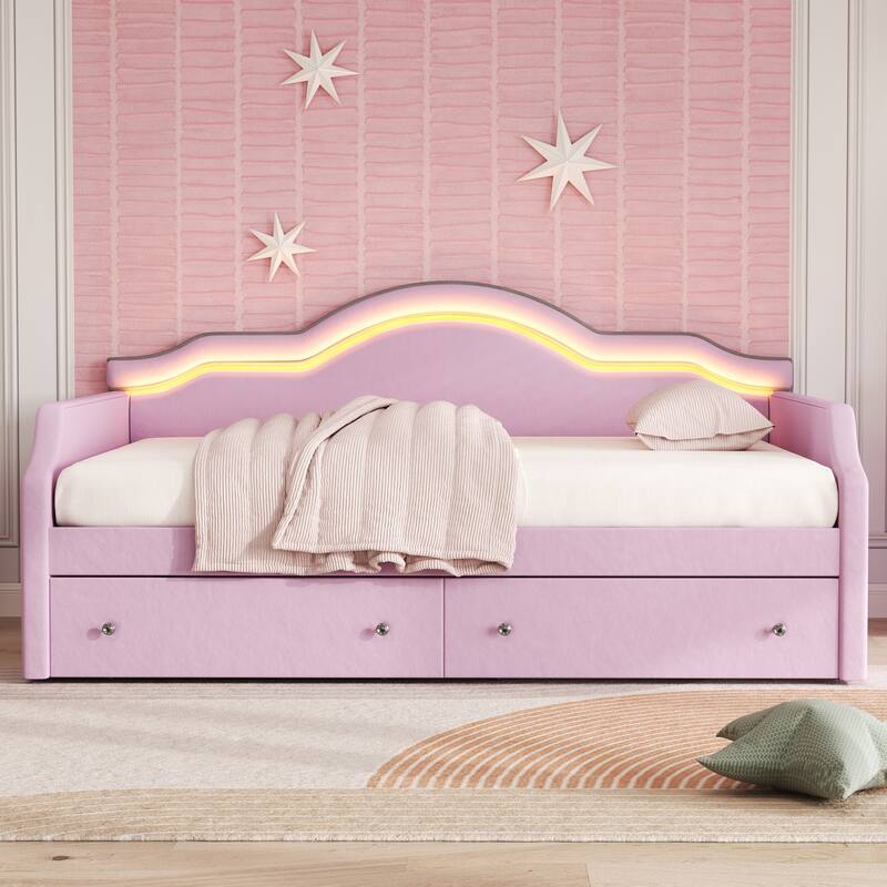 Pink Velvet Upholstered Full Size Daybed with LED Lights and 2 Storage Drawers