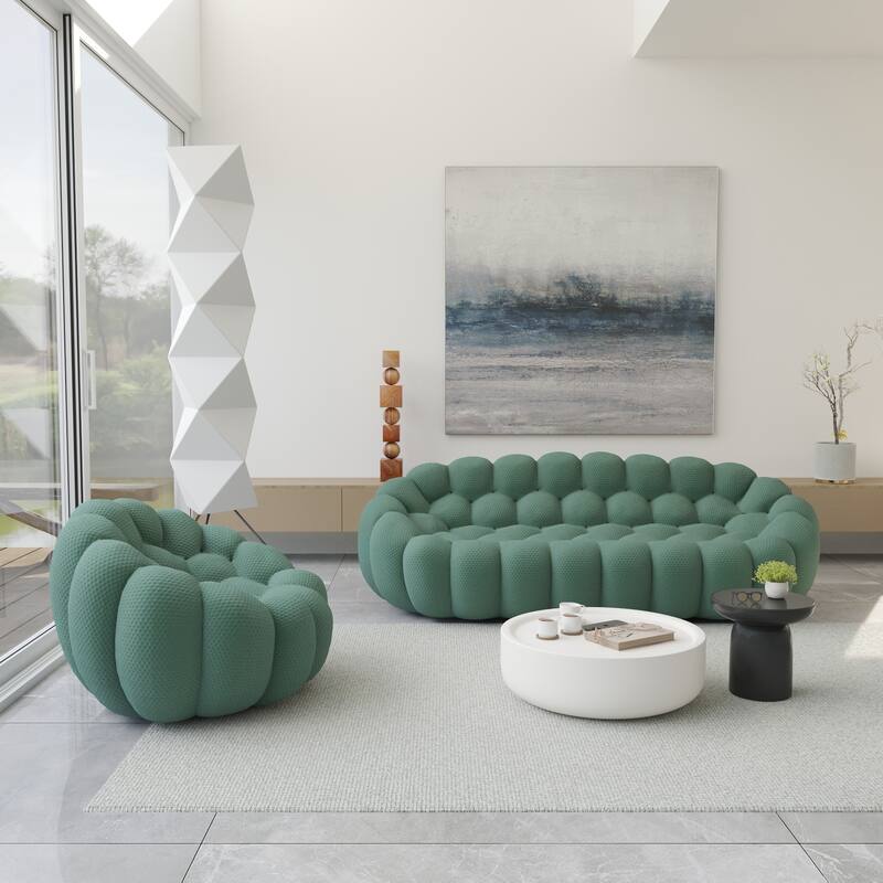 2PCS 3D Honeycomb Fabric Upholstered Bubble Sofa, 3 Seater Bubble Couch and Single Sofa for Living Room