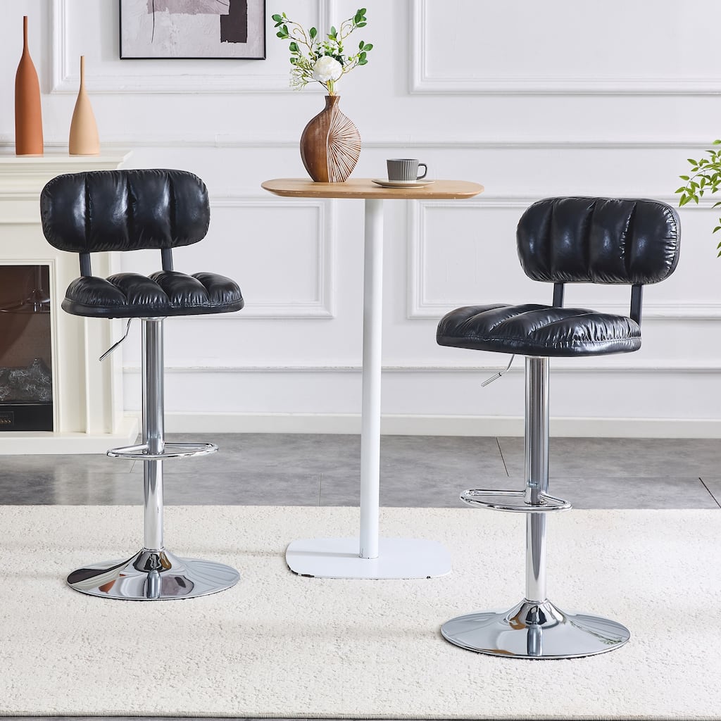 Set of 2 Adjustable Height Bar Stools, PU Leather Upholstered with Chrome Base & Footrest, Modern Comfortable Stools