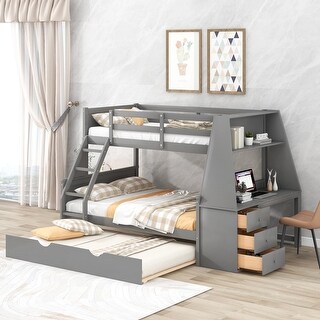 Twin-Over-Full Bunk Bed with Trundle, Built-in Desk, 3 Storage Drawers & Shelf, Solid Wood Bunk Bed with Trundle & Guardrail