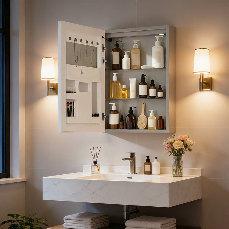 Wall Mounted Medicine Cabinet Bathroom Cabinet Jewelry Organizer with Bluetooth Dual Speakers Adjustable Glass Shelves