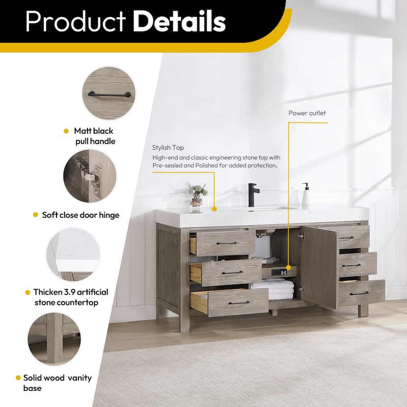 Leon 60 in. Single Bathroom Vanity with Composite Stone Top
