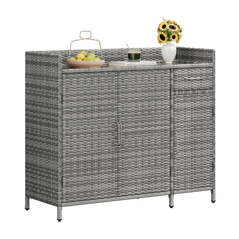 47.5"W Wicker Outdoor Storage Cabinet with Glass Desktop, Weather-proof Rattan Bar Table with Three Doors, Adjustable Shelf