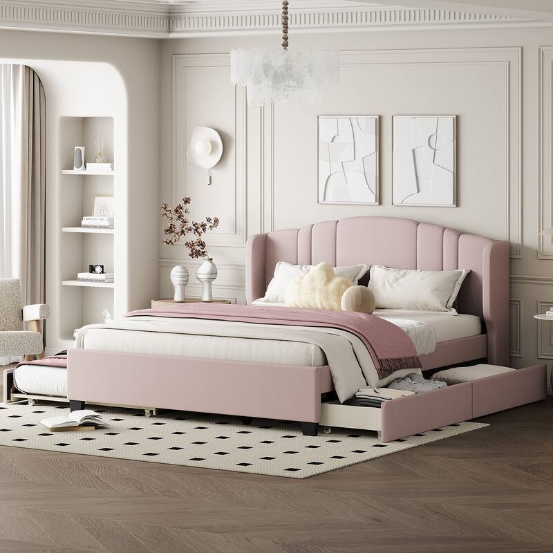 Platform Bed with One Twin Trundle and 2 Drawers - Pink