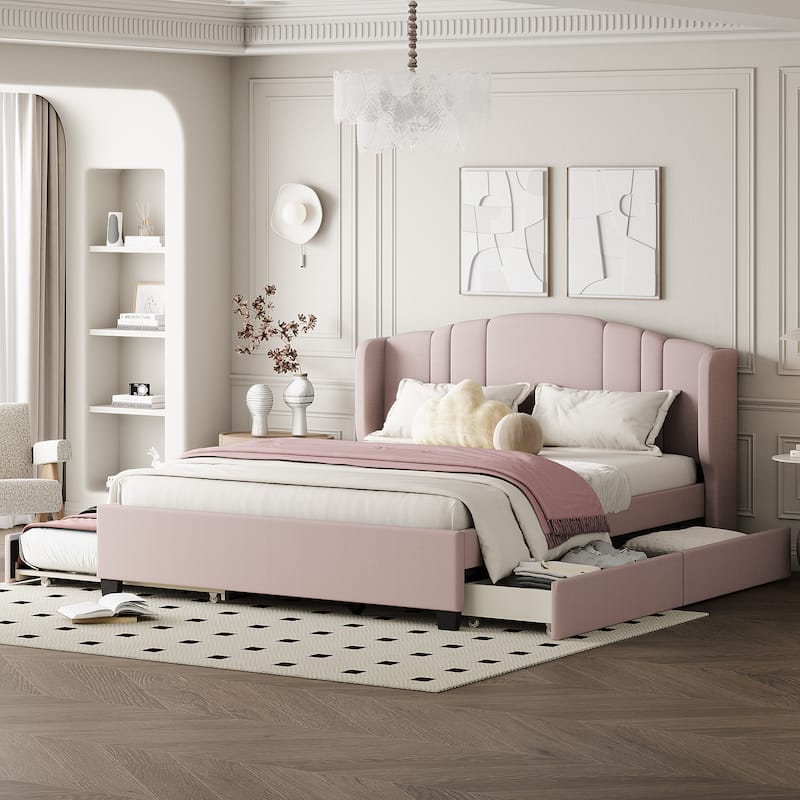 Queen Size Upholstered Bed Frame with Wingback Headboard Trundle and 2 Drawers, Center Support Legs Platform Bed Frame - Pink - Queen