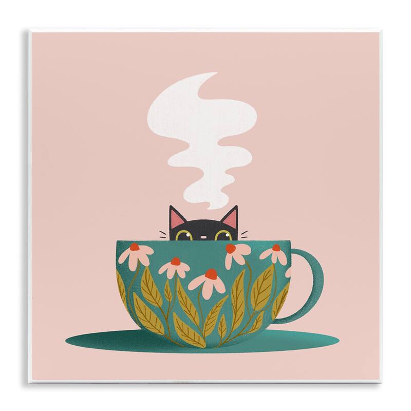 Stupell Cat Peeking Over Teacup Wall Plaque Art Design By Sarah Hickman - 12 x 12
