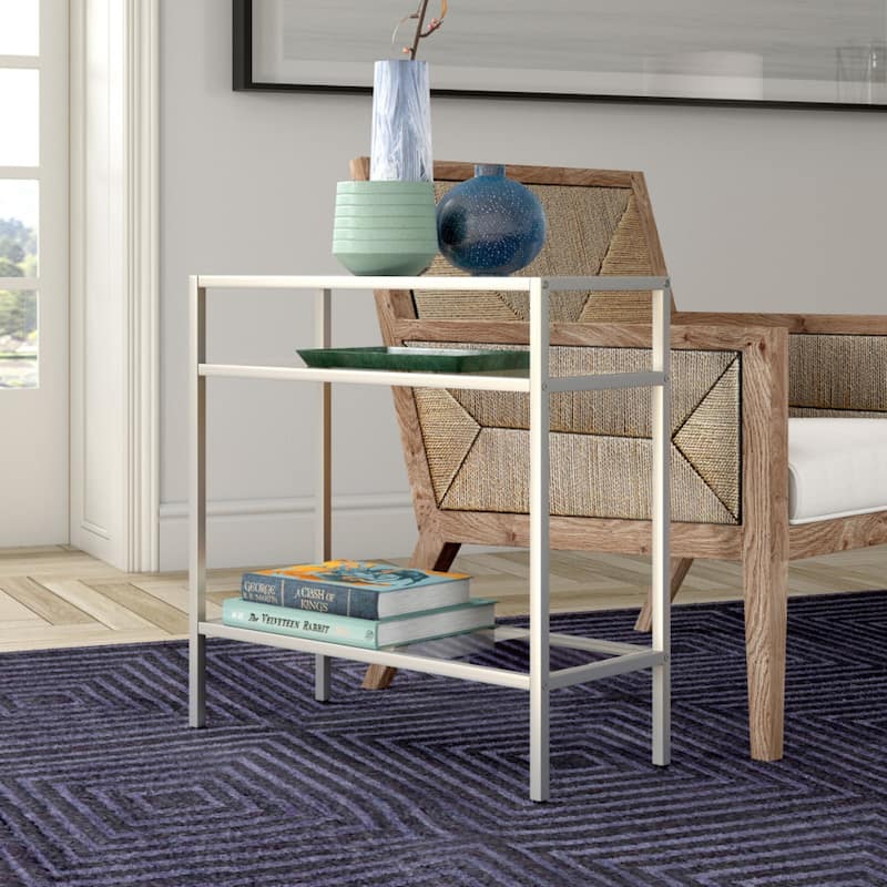 Steel Frame Glass Side End Table with 2 Shelves and Rectangular Top - 10” x 24” x 24” (D x W x H)