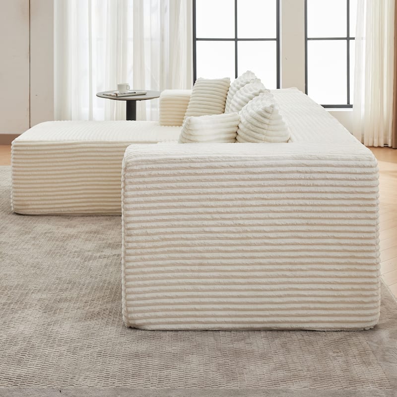 Floor Standing Modular Deep Seat Couch Corduroy L-shaped Sectional Sofa with Chaise Lounge, Pillows and Square Arms