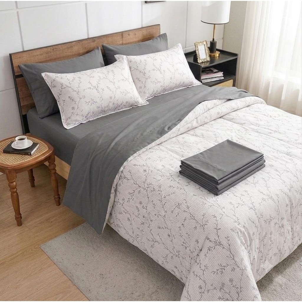 Ivy Gray Floral 7 PCS Natural Cotton Comforter Set