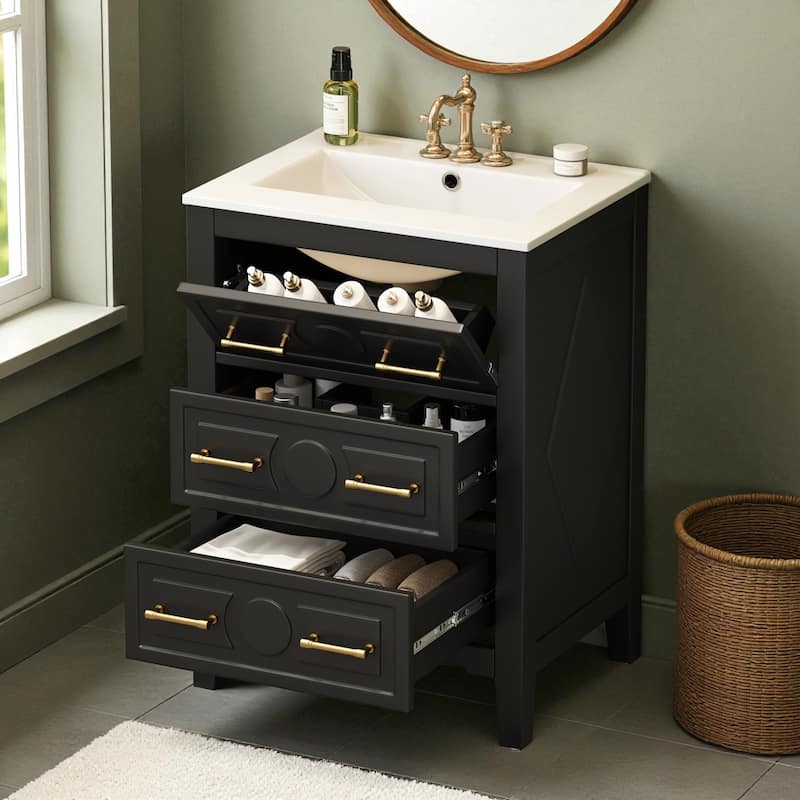 24-Inch Bathroom Vanity with Ceramic Sink, Solid Wood Frame Vanity Cabinet with 3 Drawers, Freestanding Storage
