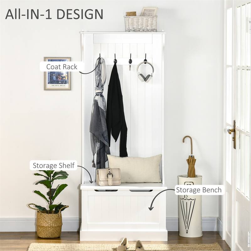 Hall Tree with Coat Rack,Storage and Sitting Bench,White