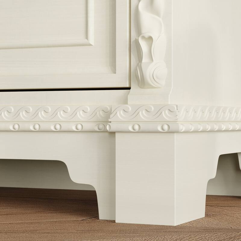 Vintage White Display Cabinet with Shelves and Drawers, Antique Bronze Handles, Hand-Rubbed Finish, Elegant Bookshelf