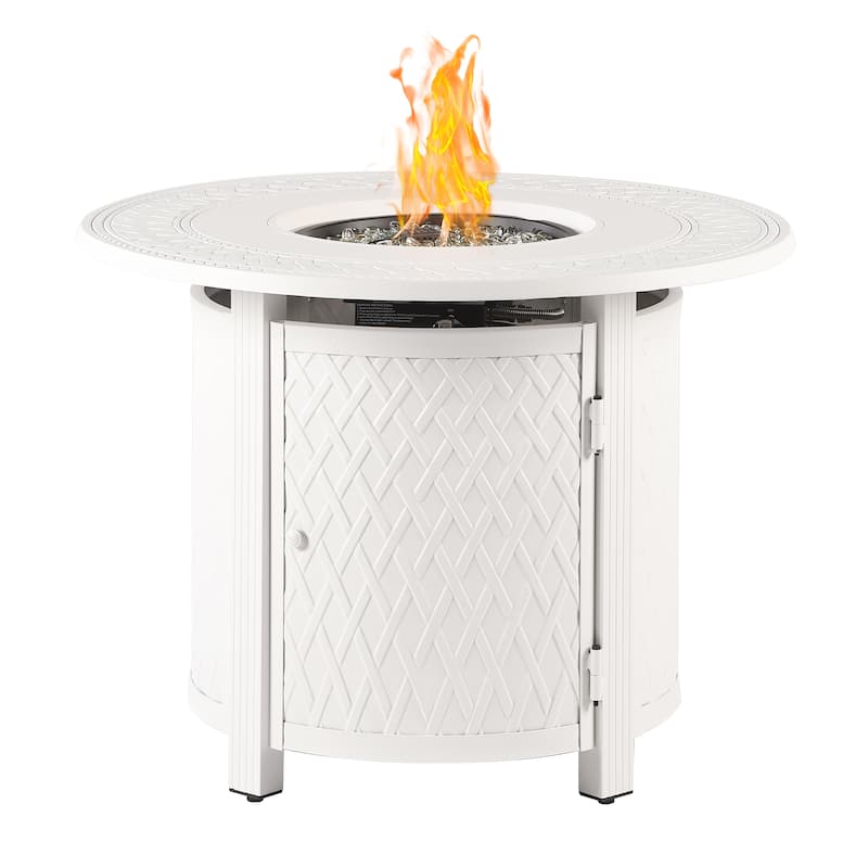 Round 34 in. x 34 in. Aluminum Propane Fire Pit Table with Glass Beads, Two Covers, Lid, 37,000 BTUs - N/A - White