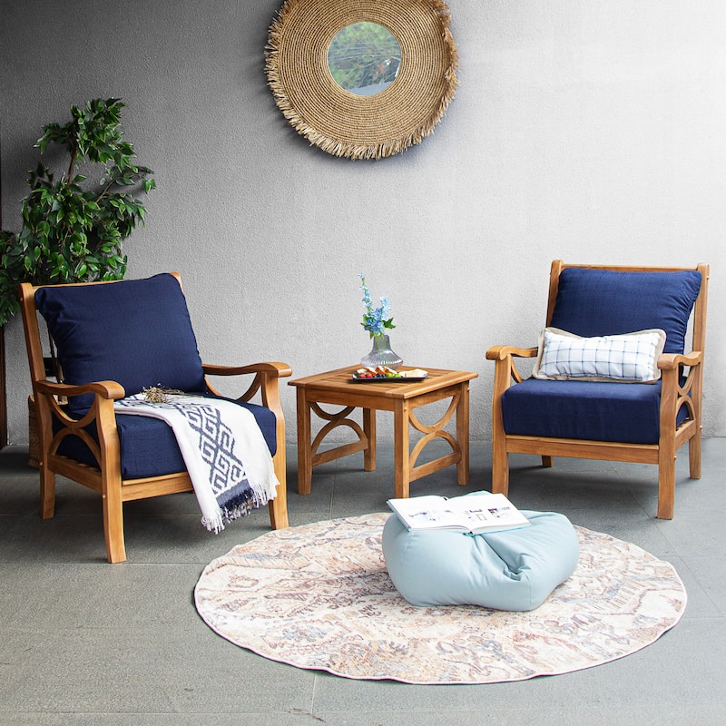 Cambridge Casual Lowell 3-piece Teak Patio Chat Set - Natural Teak/Navy Cushion