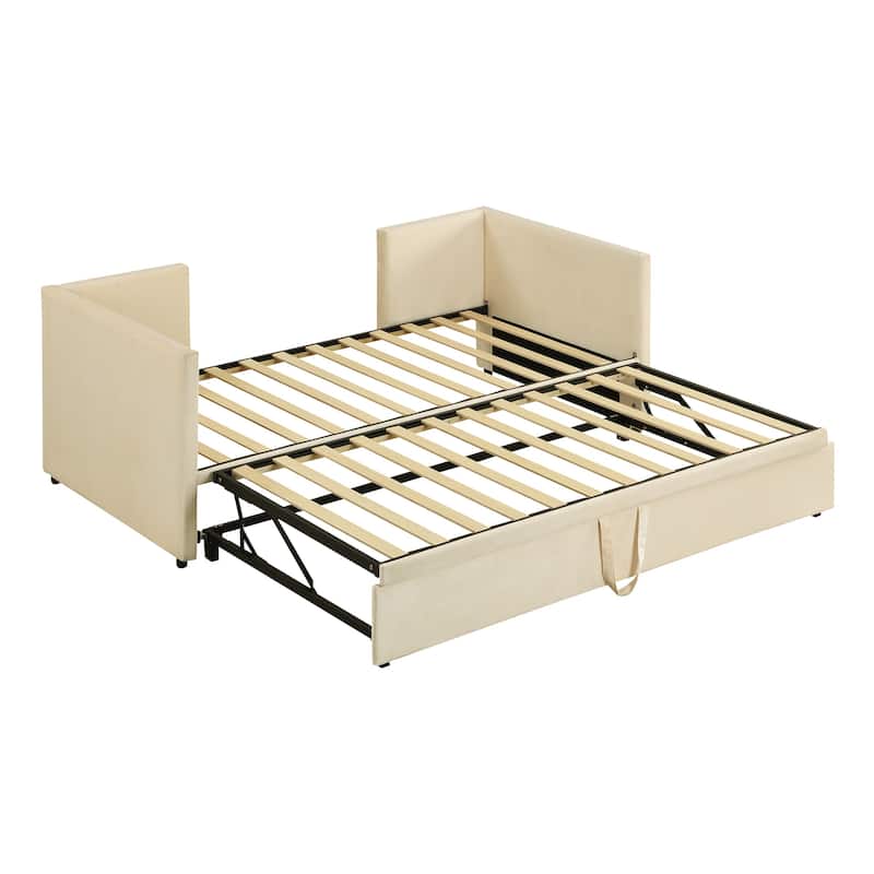 Beige Upholstered Twin Size Daybed with Pop Up Trundle, Multi-Functional Design