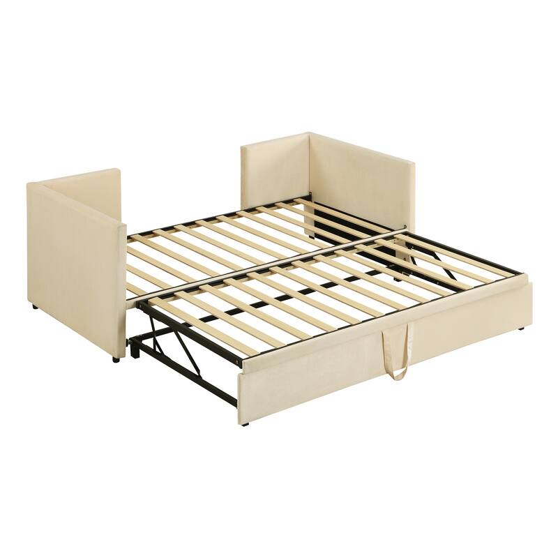 Twin to King Extendable Daybed Sofa Bed, Velvet Upholstered Platform Bed, Wood Panel Bed Frame with Pop Up Trundle Bed