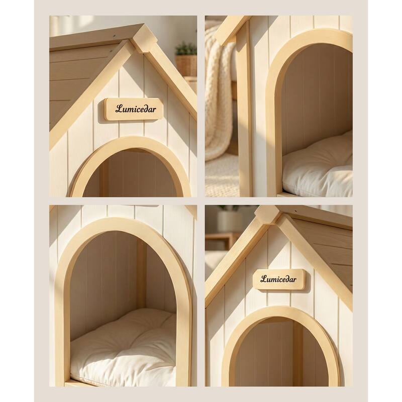 Modern Indoor Wooden Dog House with EVA Cushion, Solid Cedar Pet House for Small Dogs & Cats