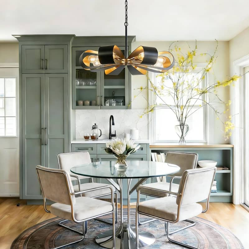 Modern Industrial 8-Light Chandelier Black Gold Floral Pendant Light for Living Room and Dining Room - 32.6 " × 15.8 "