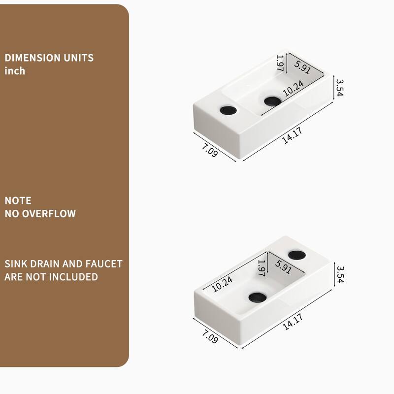 GDFStudio - Kairo 18" Modern Ceramic Wall Hung Cloakroom Basin Sink with Rectangular Basin, without Tap and Drain