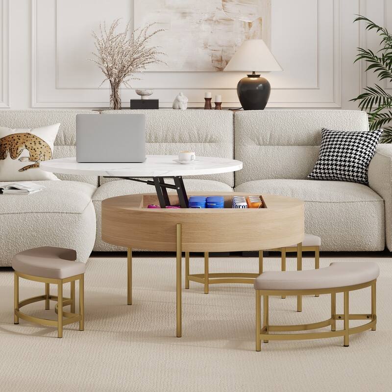 Modern Round Lift-Top Coffee Table with Storage & 3 Ottoman - Natural,White